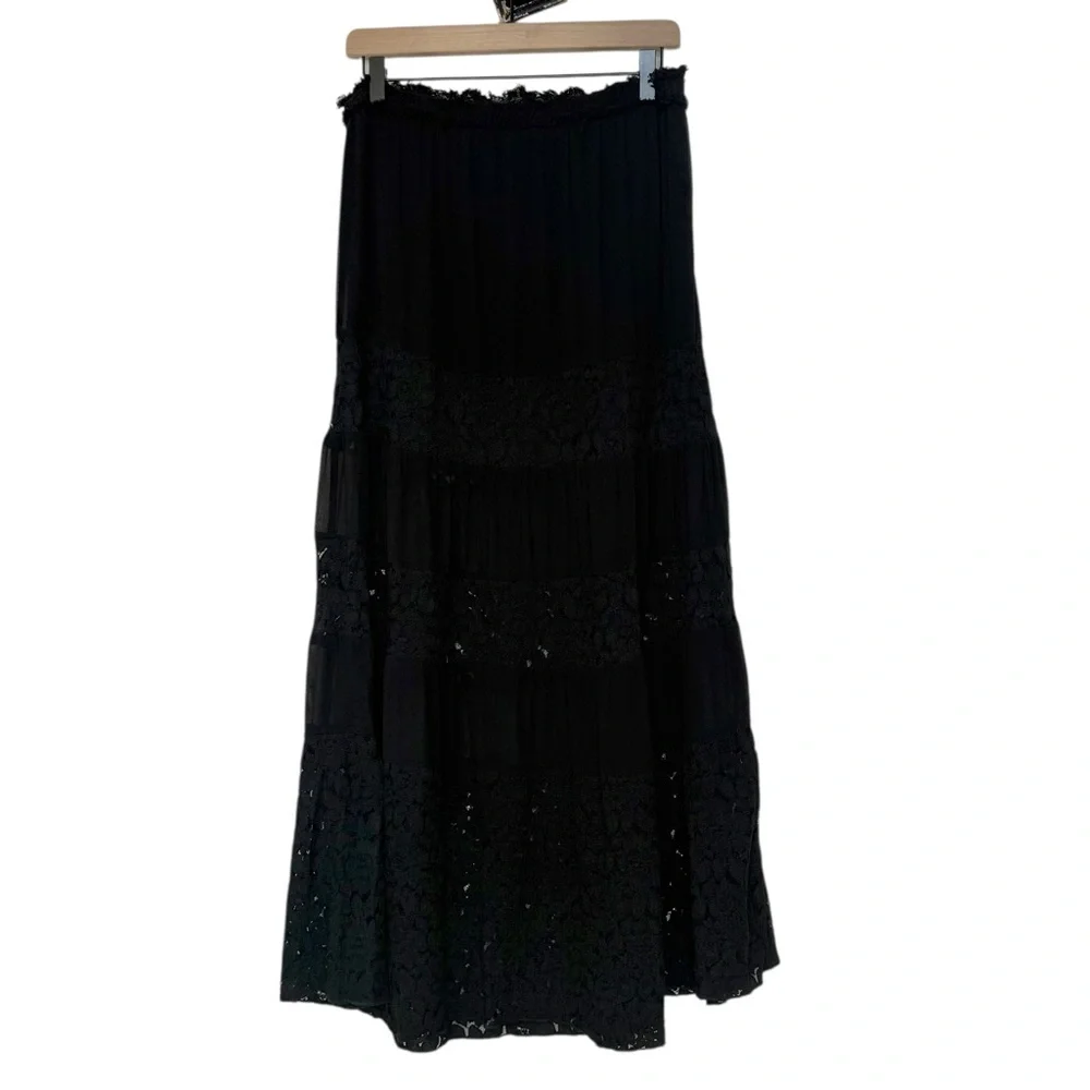 Black Maxi Skirt - Women's Tiered Lace Panel Design